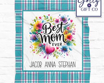 Personalized Mom Blanket with Kids Names - Floral Best Mom Ever - Fleece Blanket Gift for Mom - Pink and Blue - Mother's Day Gift/Christmas
