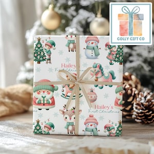 Personalized Baby's First Christmas Wrapping Paper - Your Name Christmas Gift Wrap - Baby's Name and Pink and Mint Christmas Gift Wrap