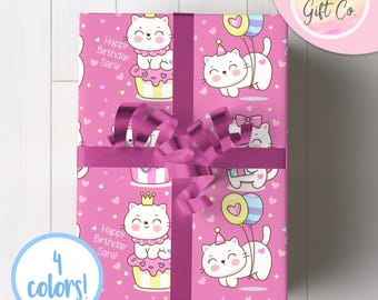 Personalized Kawaii Cat Happy Birthday Wrapping Paper - Customized Cute Kawaii Kitty Gift Wrap with Name On It
