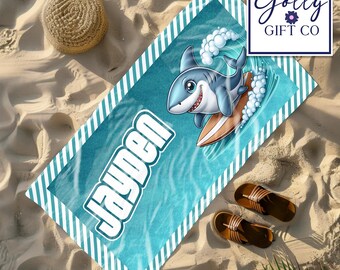 Personalized Your Name Shark Theme Beach Towel or Bath Towel - Unisex Design With Surfing Shark