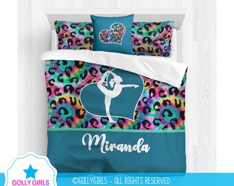 Personalized Gymnastics Comforter Set | Custom Gymnastics Bedding | Gymnastics Room Decor | Monogrammed Gymnastics Gift | Tie Dye Leopard