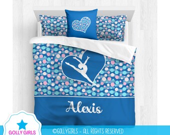 Personalized Gymnastics Comforter Set | Custom Gymnastics Bedding | Gymnastics Decor | Monogrammed Gymnastics Gift | Blue Pastel Polka-Dots