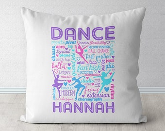 Personalized Dance Throw Pillow or COVER |  Decorative Dancer Room Decor | Monogrammed Custom Dance Gift | Purple Typography