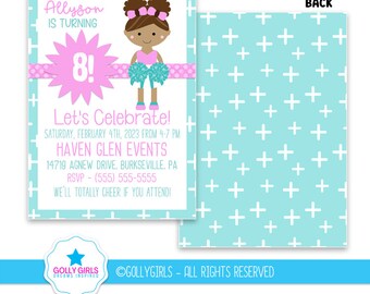 Personalized 5x7 Cheer Birthday Party Invitation- Cute Darker Skin Cheerleader Illustration Custom Cheerleading Invitation Card - Digital