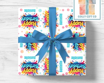 Personalized Birthday Wrapping Paper with Name - Colorful Paint Splash Design - Custom Gift Wrap