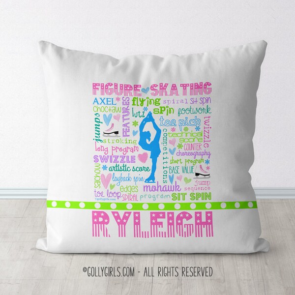 Personalized Figure Skating Throw Pillow or COVER-Decorative Girl's Room Decor-Monogrammed Name-Custom Girl Pastel Typography Skater Gifts