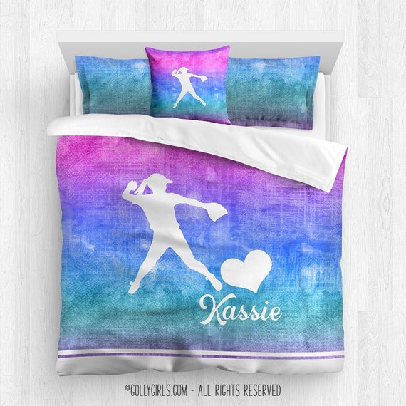 Personalized Softball Comforter Set Shams Pillow Monogrammed Name Custom Bedding Set Twin Full Queen Girls Room Decor Purple Gradient