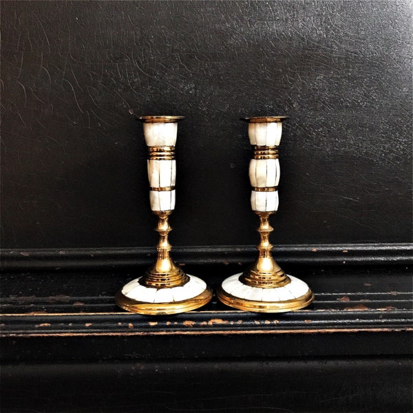 Vintage Candlestick Holders | Candlesticks | Mother Of Pearl | Brass | Pair | 5.5"