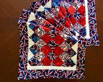 50 Inch Patriotic Ribbons Table Runner, Handmade Quilted Runner, 4th of July Runner, Red White and Blue Table Runner, Patchwork Table Runner