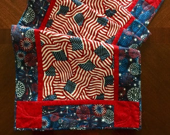 46 Inch Quilted Patriotic Table Runner,4th of July Table Runner,Handmade Quilted Americana Runner,Red White Blue Table Runner