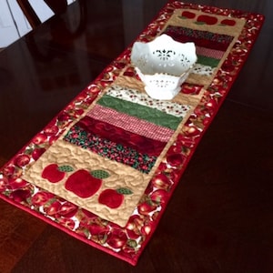 40 Inch Quilted Apple Table Runner, Quilted Patchwork Runner