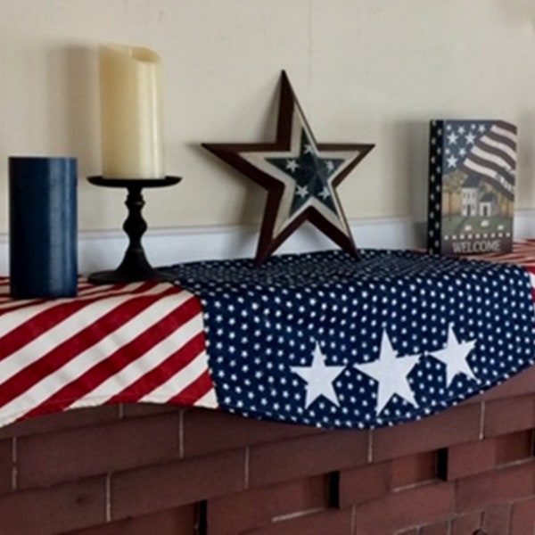 Patriotic Fireplace Mantel Runner, 4th of July Mantel Scarf,  Flag Applique Mantle Scarf, 4th of July Mantle Scarf, Patriotic Mantle Scarf