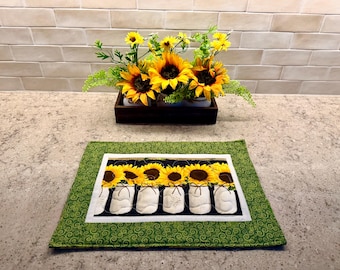 Sunflower Mug Rug, Quilted Sunflower Placemat,Reversible Sunflower Placemat