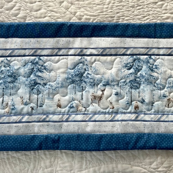 Small Quilted Winter Woodland Table Runner,Handmade Quilted Coffee Table Runner,Winter Table Runner