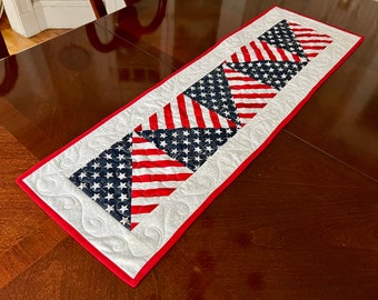 40 Inch Handmade Quilted Flag Table Runner, Quilted Patriotic Runner,Americana Quilt Runner,Modern Patriotic Table Runner