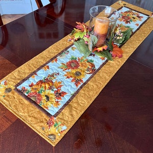 46 Inch Quilted Fall Pumpkin and Sunflower Table Runner, Handmade Quilted Autumn Table Runner