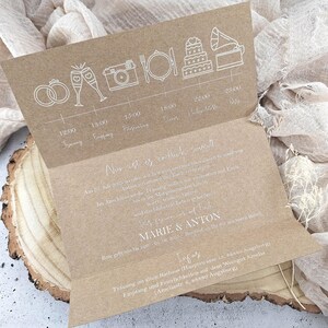 May include: A brown paper wedding invitation with a white timeline of events. The timeline includes icons for the ceremony, reception, dinner, and dancing. The invitation also includes the names Marie & Anton and the text "Nie ist es endlich soweit".