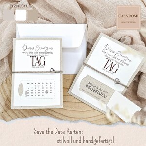 Edle Save the Date Karten mit Umschlag zur Hochzeit mit Kalender und Datum, personalisiert mit Namen Brautpaar, creme, grau, beige, LUY 4