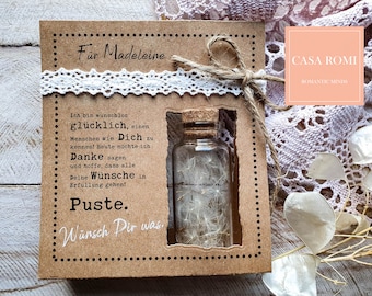 Personalized WISH FULLER - with real dandelion umbrellas in a glass, as a gift for d. best friend, mom, wife, PeggySue1