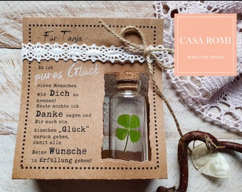 Personalized lucky charm - with a real 4-leaf clover in a glass, as a gift for d. best friend, mom, wife, husband, Miranda1