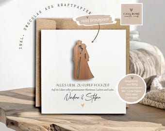 Personalized wedding greeting card, personalized wedding card for money, wedding gift, simple and elegant, wooden bride and groom, SIZA