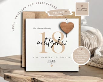 Personalized birthday card for daughter (30th, 21st, 40th, 29th, 18th, 20th, 19th year), with name and age, birthday gift, greeting card with wooden heart, SIHO