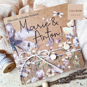 Ab 5,50 Euro: Glückwunschkarte zur Hochzeit personalisiert, Geldgeschenk, aus Kraftpapier mit Blumen, Gartenhochzeit, Sommerhochzeit, MoukiB