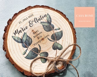 RING DISC, ring cushion for wedding made of wood, personalized rustic wooden disc in vintage, boho style eucalyptus