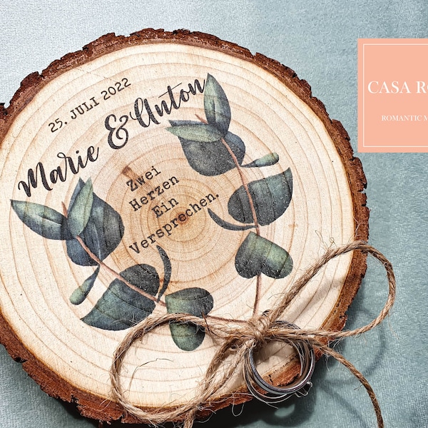 RING DISC, wooden wedding ring pillow, personalized rustic wooden disc in vintage, boho style eucalyptus