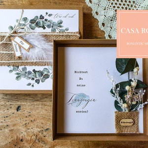 TRAUZEUGIN fragen Karte mit Geschenk, Brautjungfer, besondere Geschenkschachtel mit Trockenblumen, Trockenblumenbox- EUKALYPTUS TAULA