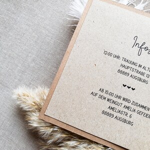 May include: A brown card with the text "Infos:" and details for a wedding ceremony and reception. The ceremony will be held at the Old Town Hall, Hauptstra&szlig;e 13, 88889 Augsburg, at 12:00 PM. The reception will be held at the Amelia Winery, Amelia Str. 6, 88889 Augsburg, at 3:00 PM.