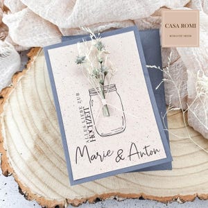 Glückwunschkarte zur Hochzeit personalisiert, mit Trockenblumen, blau, Glückwünsche Hochzeit für das Brautpaar, Hochzeitskarte modern, Lori