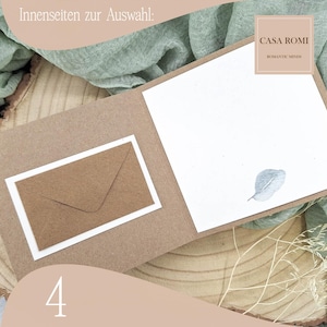 May include: A kraft paper card with a brown envelope inside a cut-out on the front. The card has a white interior with a single gray leaf design and the text "CASA ROMI ROMANTIC MINDS". The card is labeled with the number "4".