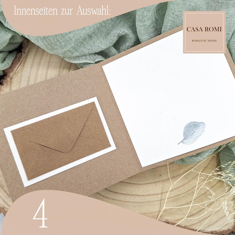 May include: A kraft paper card with a brown envelope inside a cut-out on the front. The card has a white interior with a single gray leaf design and the text "CASA ROMI ROMANTIC MINDS". The card is labeled with the number "4".