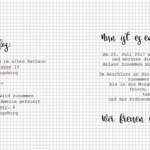 K&ouml;nnte beinhalten: Eine Hochzeitseinladung mit dem Text "nun ist es endlich soweit!" und Details zur Trauung und zum Empfang. Die Trauung findet im alten Rathaus in Augsburg, Deutschland, um 12:00 Uhr am 25. Juli 2017 statt. Der Empfang findet im Weingut Amelia in Augsburg, Deutschland, um 15:00 Uhr statt.
