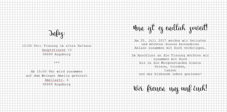 K&ouml;nnte beinhalten: Eine Hochzeitseinladung mit dem Text "nun ist es endlich soweit!" und Details zur Trauung und zum Empfang. Die Trauung findet im alten Rathaus in Augsburg, Deutschland, um 12:00 Uhr am 25. Juli 2017 statt. Der Empfang findet im Weingut Amelia in Augsburg, Deutschland, um 15:00 Uhr statt.