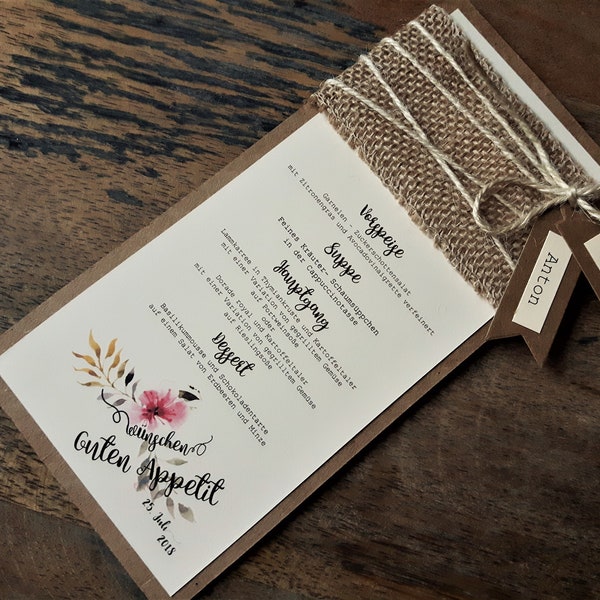 10x Menükarte Menü Hochzeit Vintage Getränkekarte Jute Kraftpapier Getränke Getränkeliste Buffet Buffetkarte Menu Menue SUMMER