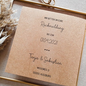 May include: A brown card with the text "WIR BITTEN UM EURE R&uuml;ckmeldung BIS ZUM 01.04.2021 Tanja & Sebastian MOOSWEG 3 55555 AUGSBURG" printed on it.