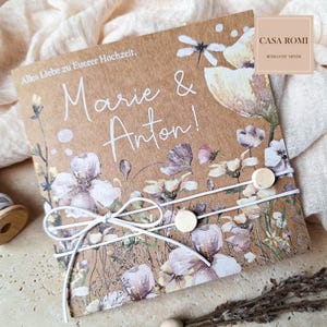 Ab 5,50 Euro: Glückwunschkarte zur Hochzeit personalisiert, Geldgeschenk, aus Kraftpapier mit Blumen, Gartenhochzeit, Sommerhochzeit, MoukiB