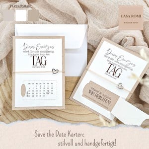 Edle Save the Date Karten mit Umschlag zur Hochzeit mit Kalender und Datum, personalisiert mit Namen Brautpaar, creme, grau, beige, LUY 4