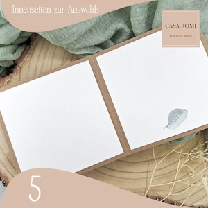May include: A blank card with a brown border and a single gray leaf on the right side. The card is folded in half and the text "CASA ROMI" and "ROMANTIC MINDS" is printed in the top right corner. The number "5" is printed in the bottom left corner.