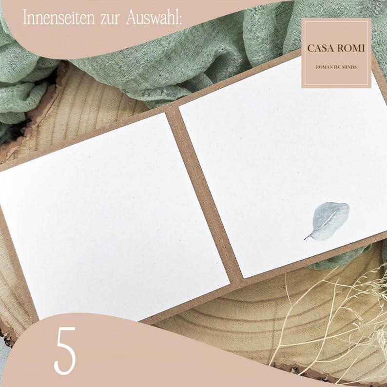 May include: A blank card with a brown border and a single gray leaf on the right side. The card is folded in half and the text "CASA ROMI" and "ROMANTIC MINDS" is printed in the top right corner. The number "5" is printed in the bottom left corner.