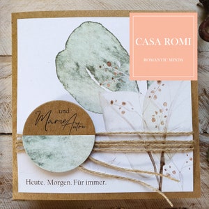 Glückwunschkarte zur Hochzeit, Geldkarte, personalisiert, Eukalyptus, Aquarell, Gold, Kraftpapier, mit Geldtasche, Geldgeschenk, Mia