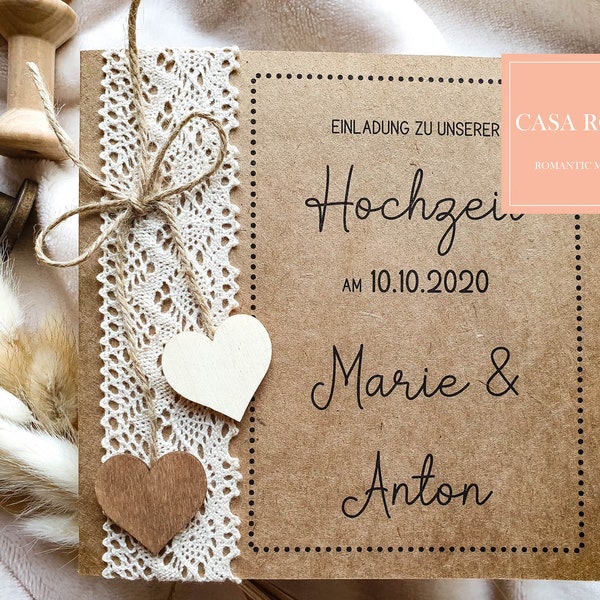 ab 3,49 Euro: EINLADUNG HOCHZEIT Vintage - Holz | Hochzeitseinladung Boho | Einladungskarte | Hochzeitskarten|Holzherz| Kraftpapier LH braun