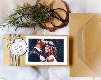 Ab 3,79 Euro:DANKESKARTE Hochzeit VINTAGE - Kraftpapier | Foto | Greenery | Rosmarin | personalisiert | Boho | Rosmarinzweig | Rory 2