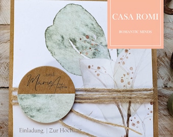 Wedding invitation personalized, modern, watercolor, kraft paper, eucalyptus, gold, wedding invitation, Mia
