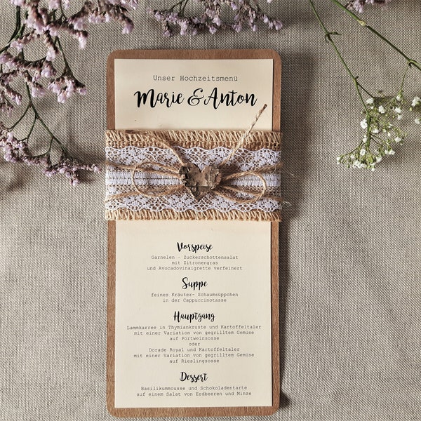 10x Menükarte Menü Hochzeit Vintage Getränkekarte Jute Kraftpapier Getränke Getränkeliste Buffet Buffetkarte Menu Menue Spitze ANNE 2