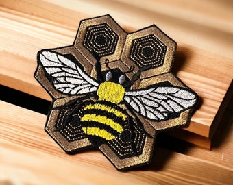 Bee on Honeycomb Patch - 4.48" x 4.98" - Iron On or Sew On