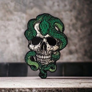 Skull and Green Snake Embroidered Patch - 4.69" x 3.15" - A Melding of Life and Death
