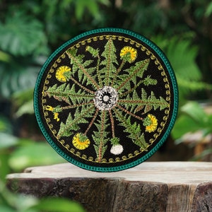 Dandelion Herbal Mandala Iron On Patch 5 1/4" x 5"/Zoom Room Patch/ Elecampane Herbal Patch